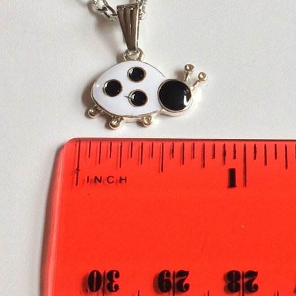 Ladybug Necklace 20" Black White Enamel Insect Beetle Bug Silver Plated - Picture 10 of 11